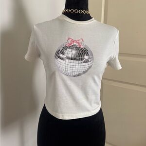SHEIN White Baby Tee with Silver Disco Ball Design